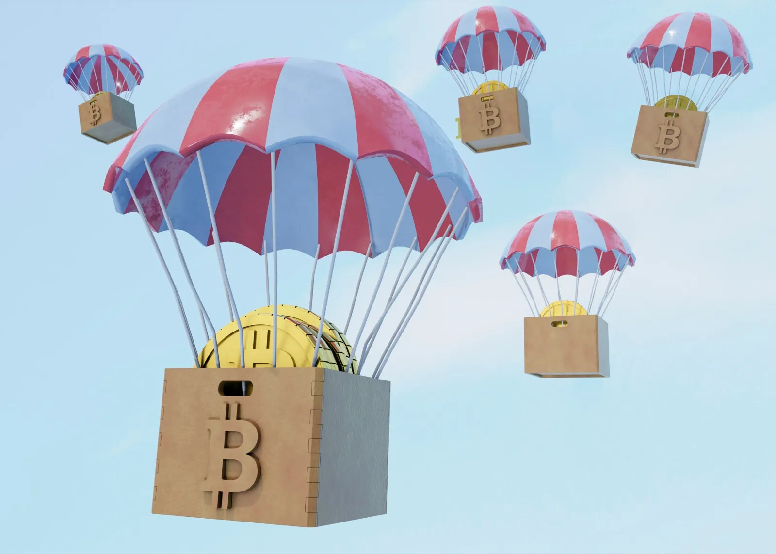 Crates with bitcoin symbols descending under parachutes, representing crypto gifts and bonuses