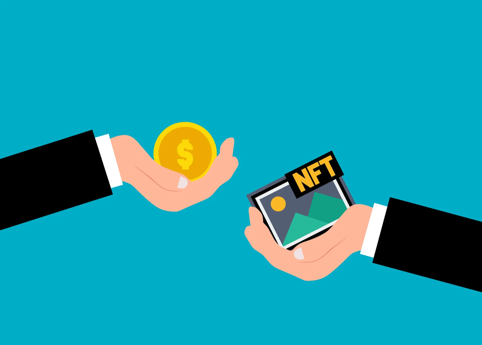Two people exchanging a gold coin and a digital collectible, illustrating a crypto gift