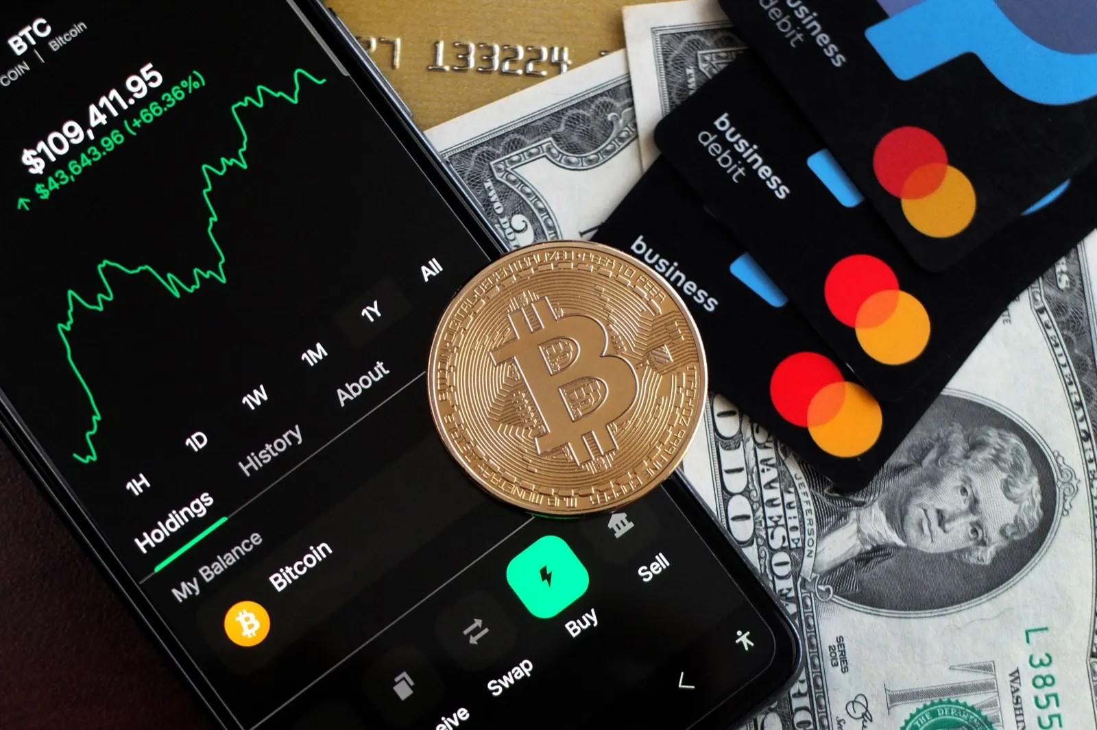 A bitcoin coin beside a phone and payment cards, representing Uber credit bought with crypto