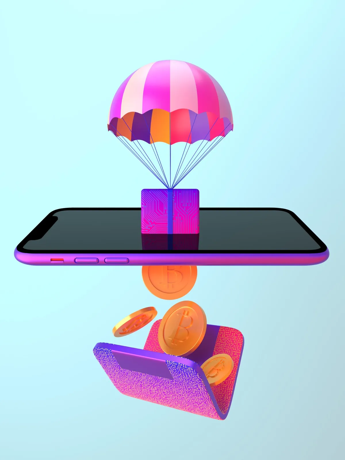A parachute delivering a gift to a phone and wallet, representing a crypto gift to a beginner
