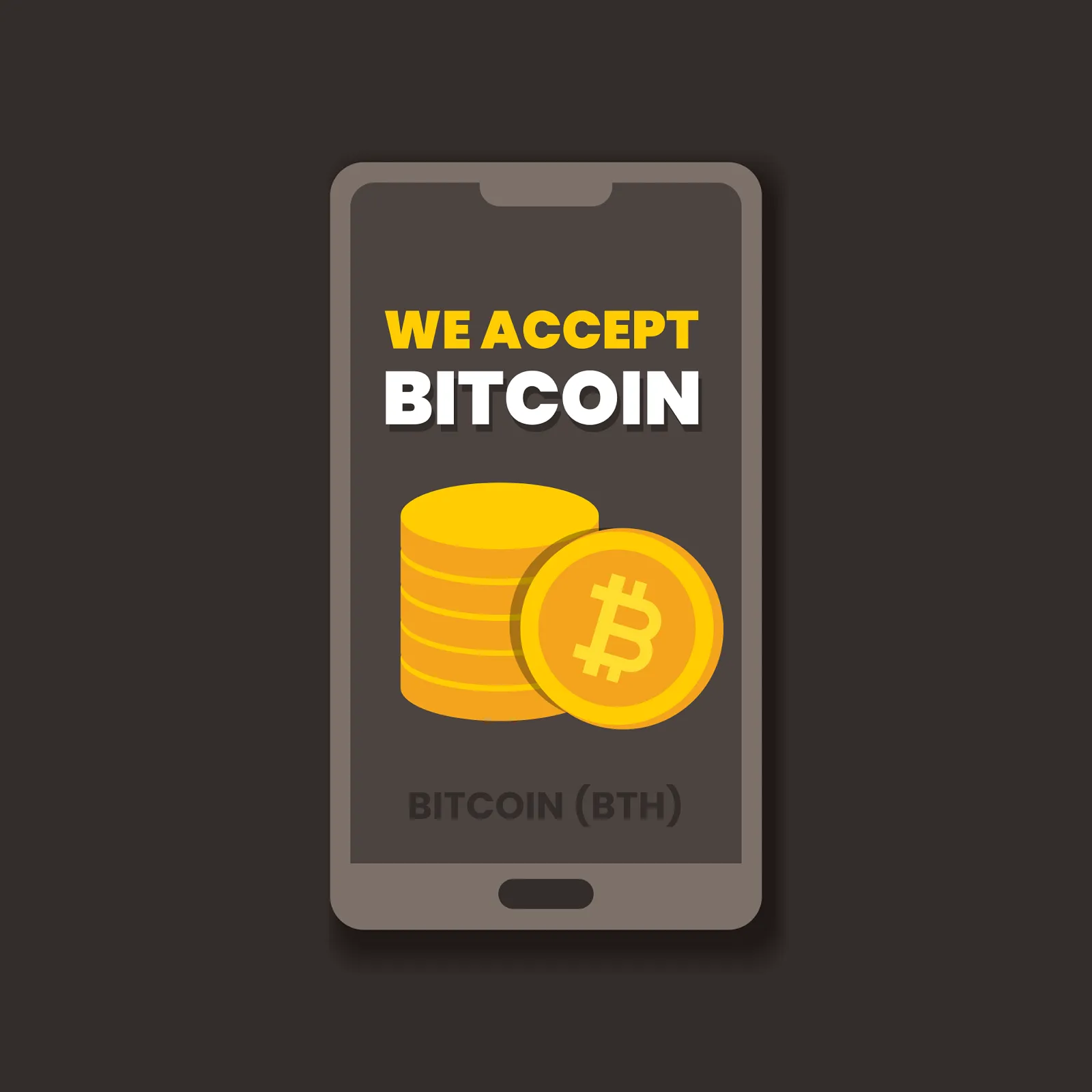 A phone screen reading We Accept Bitcoin above a stack of coins