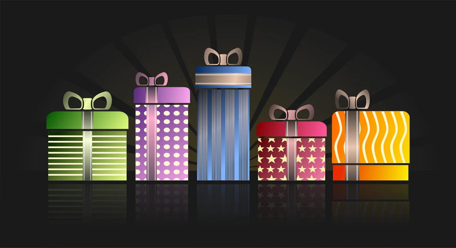 A row of wrapped gift boxes representing crypto gifts for different occasions