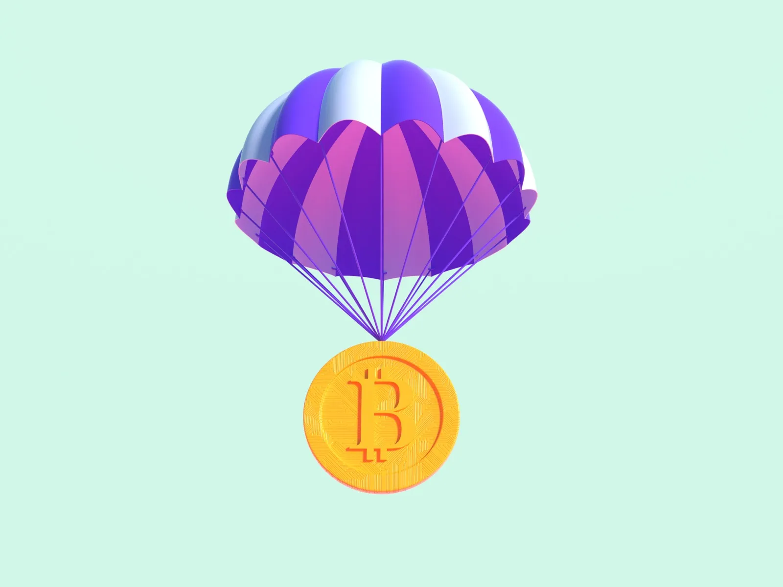A bitcoin coin descending under a parachute, representing Azteco bitcoin vouchers